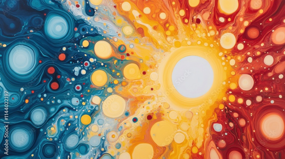 Vibrant Abstract Artwork Representing Heat and Cold with Dynamic Swirling Patterns and Bright Circular Shapes in Vivid Colors Vibrant Abstract Artwork Representing Heat and Cold with Dynamic Swirling Patterns and Bright Circular Shapes in Vivid Colors
