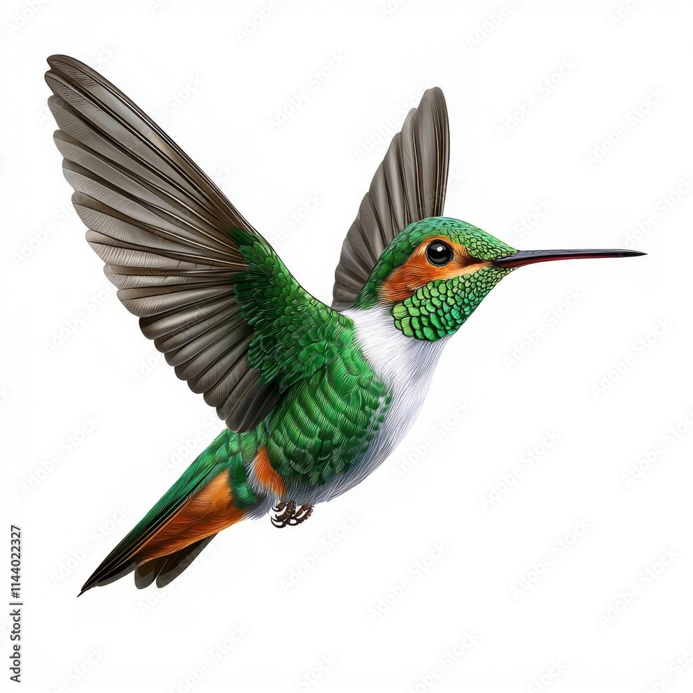 Obraz premium A photostock of a cartoon hummingbird with shimmering green feathers hovering, isolated on a clean white background, elegant and artistic, High Quality