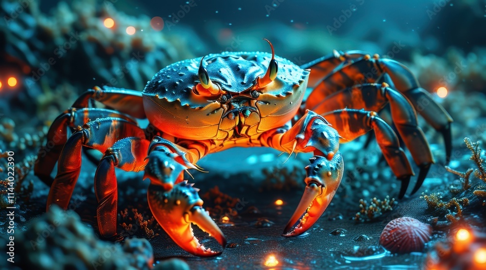 Giant Crab in the Deep Sea with Bioluminescent Light. Giant Crab in the Deep Sea with Bioluminescent Light.