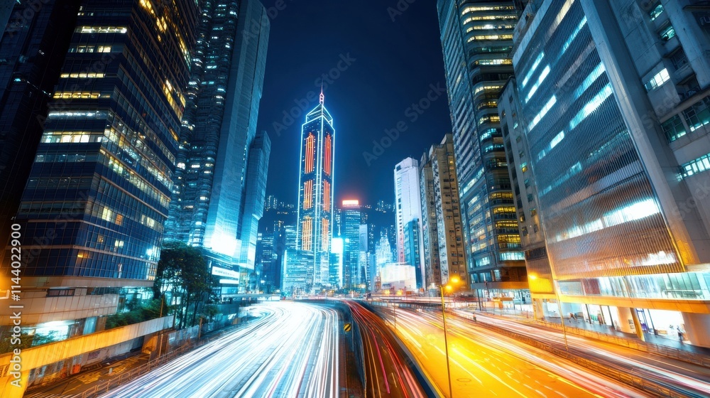 Obraz premium Nighttime Urban Landscape with Skyscrapers and Vibrant City Lights Showcasing Modern Architecture in a Bustling Metropolitan Environment