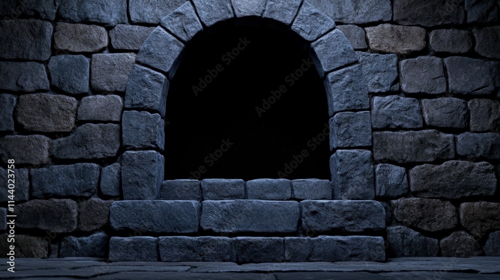 Mysterious Stone Archway: A dark, atmospheric image of a stone archway set within a rugged, ancient stone wall. Perfect for fantasy, mystery, or medieval-themed projects. Mysterious Stone Archway: A dark, atmospheric image of a stone archway set within a rugged, ancient stone wall. Perfect for fantasy, mystery, or medieval-themed projects.