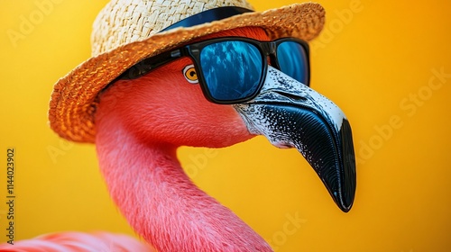 Vibrant flamingo in sunglasses and a beach hat, with a bright yellow backdrop, radiating tropical vacation vibes and summer relaxation. photo