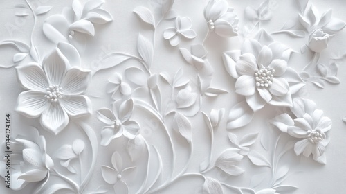 Fototapeta Naklejka Na Ścianę i Meble -  White floral 3D wall panel background texture.