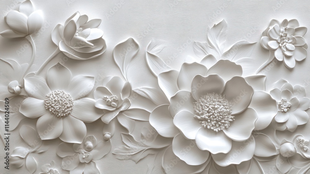 3D embossed white floral wall art with various flower types and leaves. 3D embossed white floral wall art with various flower types and leaves.