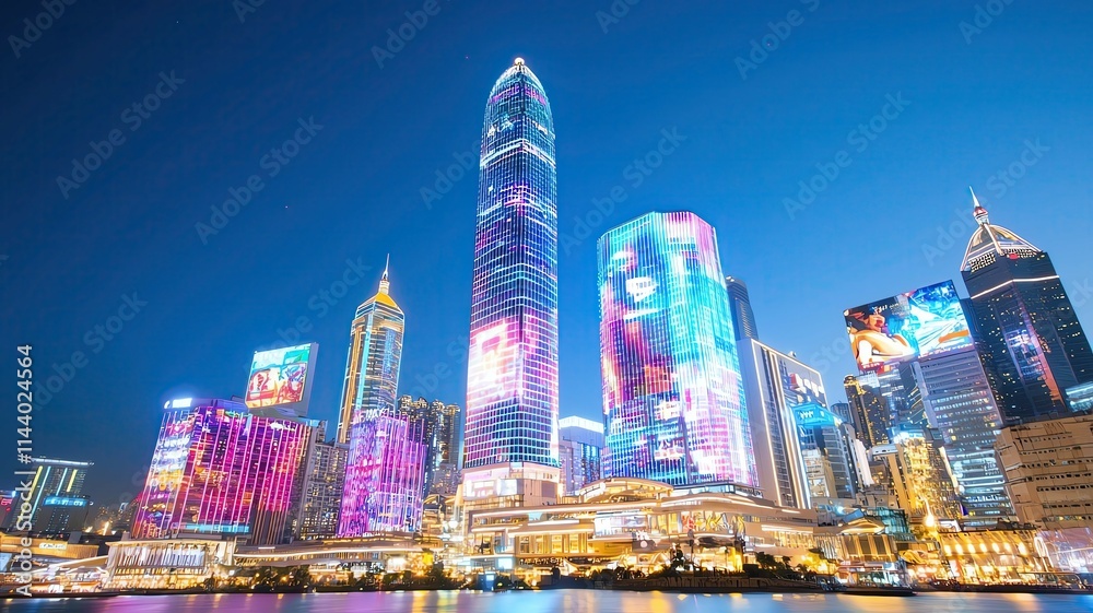 Fototapeta premium Futuristic city skyline glowing with neon lights, showcasing futuristic city skyline architecture under a clear night sky, featuring a vibrant and colorful futuristic city skyline view