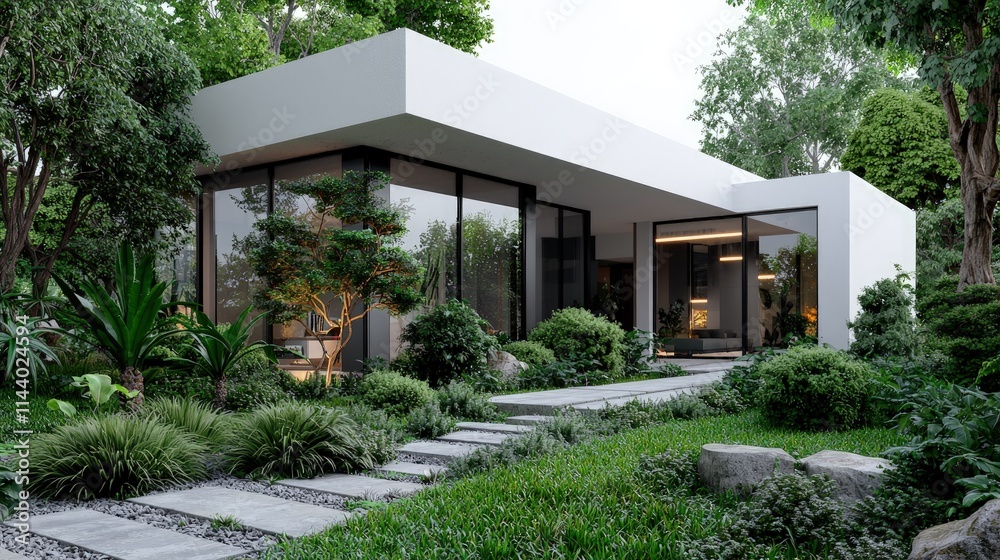 Modern white house nestled in lush greenery with stone pathway. Modern white house nestled in lush greenery with stone pathway.