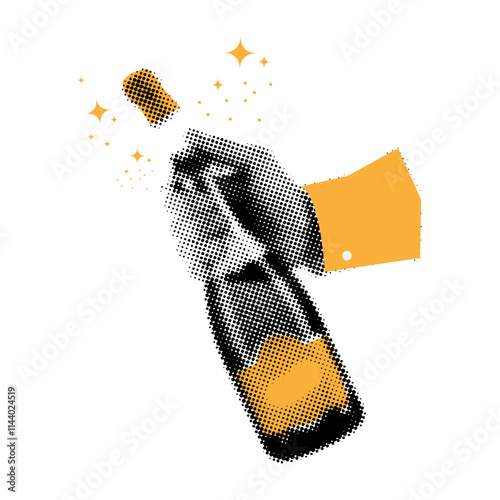 Hands popping champagne in retro halftone style,trendy halftone collage style,cut out from magazine,celebration card