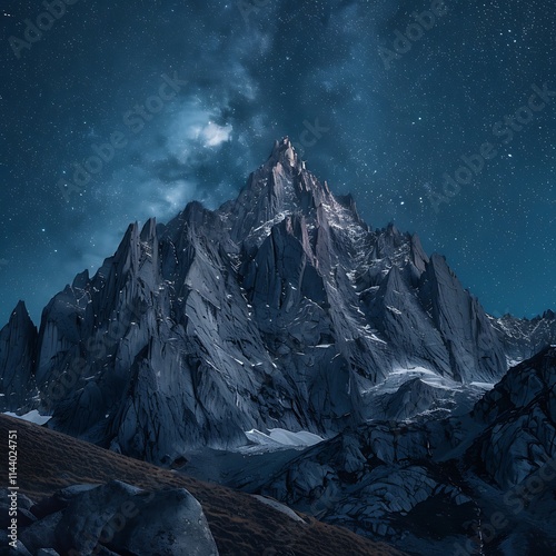 Majestic mountain peaks against a starry sky nature landscape photography nighttime serenity panoramic view photo