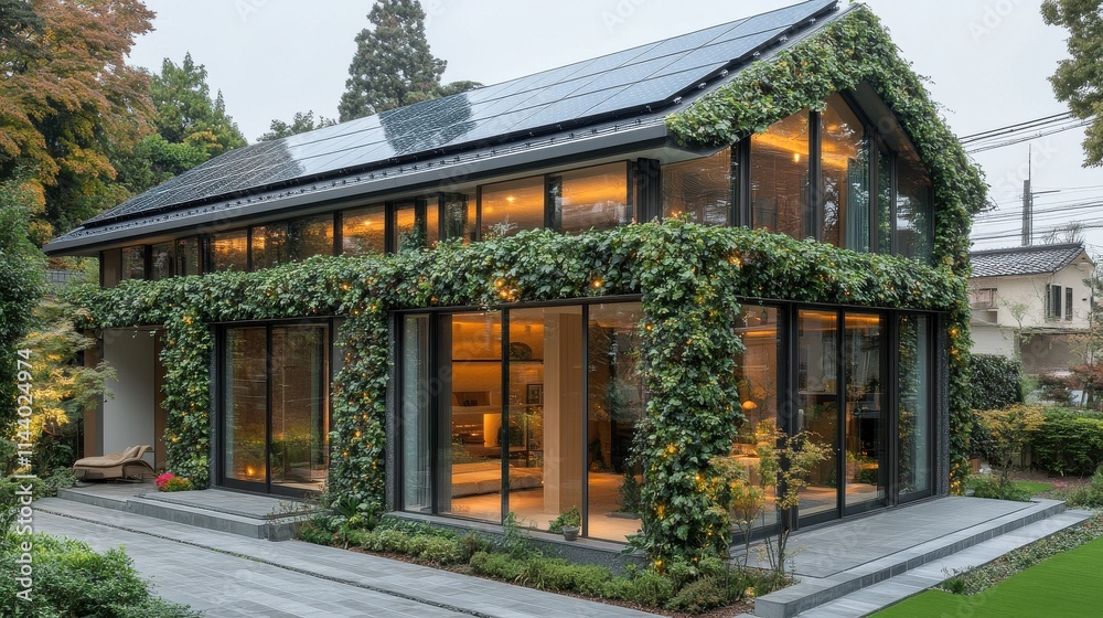 A modern house covered in greenery, showcasing sustainable architecture with large windows. A modern house covered in greenery, showcasing sustainable architecture with large windows.