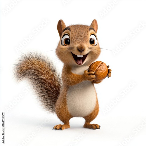 A photostock of a cartoon squirrel holding a nut with a bushy tail, isolated on a clean white background, playful and realistic, High Quality