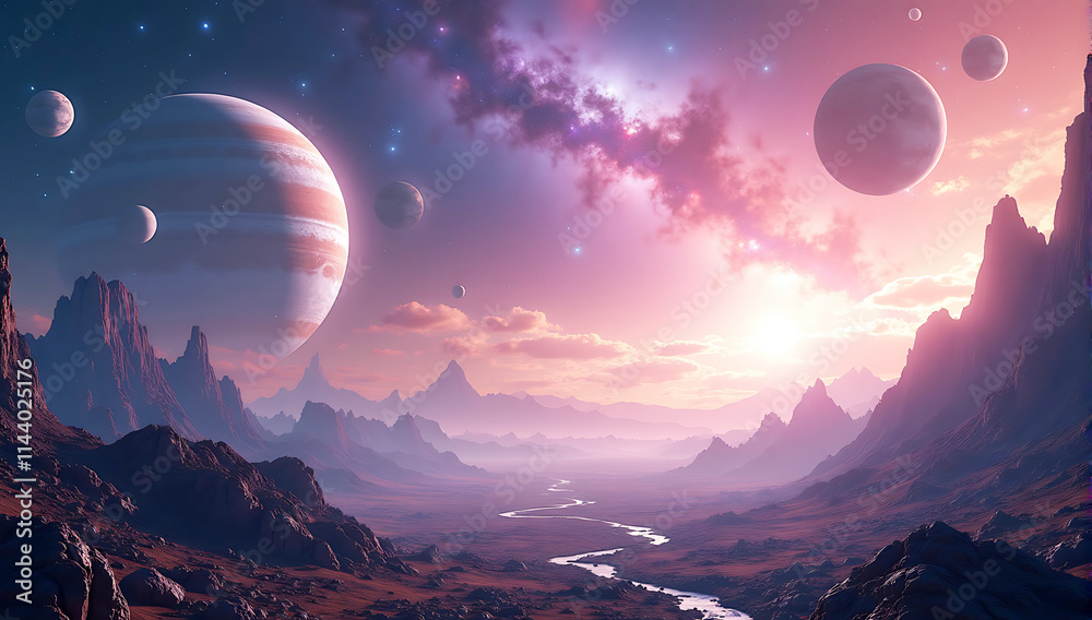 Vibrant abstract space background with cosmic planets, Space fantasy, alien planets, cosmic landscape, rocky mountains