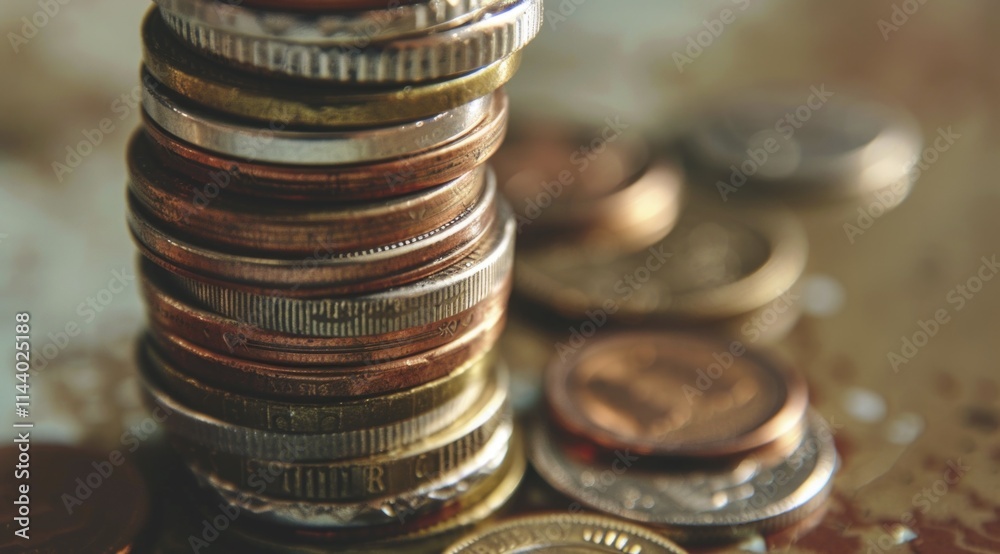 Close-up of a stack of various coins, symbolizing financial concepts such as savings, wealth, and currency exchange. Close-up of a stack of various coins, symbolizing financial concepts such as savings, wealth, and currency exchange.