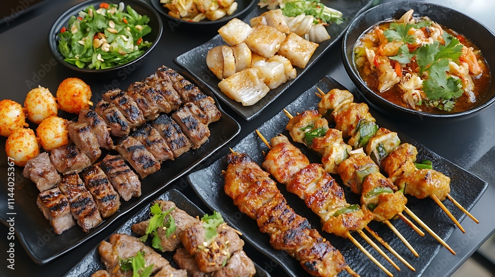 Delicious Asian Street Food Feast: Grilled Meats & Savory Sides. AI Generated Delicious Asian Street Food Feast: Grilled Meats & Savory Sides. AI Generated