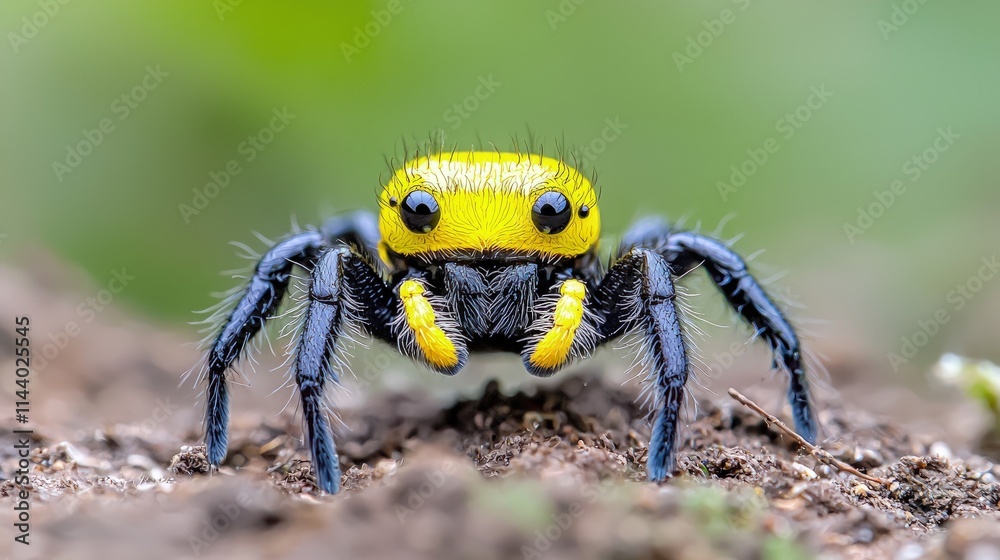 Fototapeta premium Close-up of a vibrant yellow and black jumping spider.