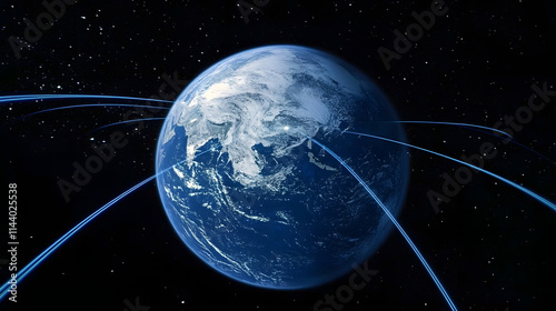 Fototapeta Naklejka Na Ścianę i Meble -  Earth in Space. Blue Lines connect Taipei, Taiwan with Cities across the World. Worldwide Travel or Communication Concept.