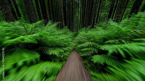 Into the Redwood Grove: A mesmerizing journey through a verdant redwood forest, captured in a breathtaking motion blur effect. The towering trees create a cathedral of nature. photo