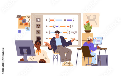 Teacher explains programming to pupils in computer science class. Programmer teaches kids to write code at school. Students learning, study in classroom. Flat isolated vector illustration on white