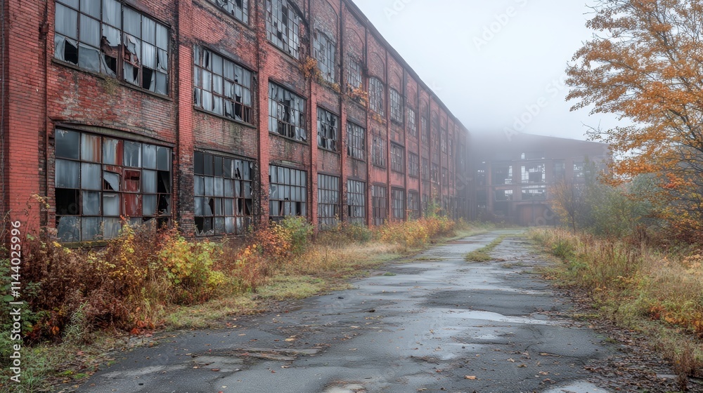 Abandoned Brick Factory Building, Autumn Fog, Broken Windows, Overgrown Path Abandoned Brick Factory Building, Autumn Fog, Broken Windows, Overgrown Path