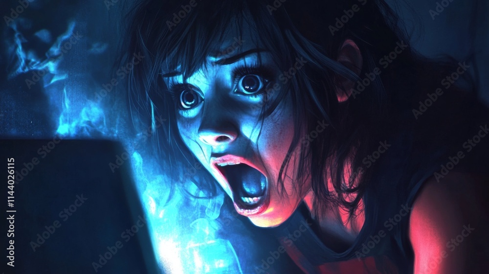 Young woman stares at screen, emotions running high.