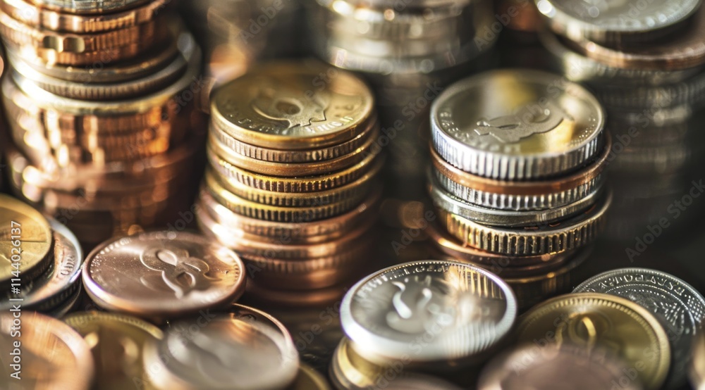 A detailed close-up shot of various stacks of coins, showcasing the texture and detail of the currency. A detailed close-up shot of various stacks of coins, showcasing the texture and detail of the currency.