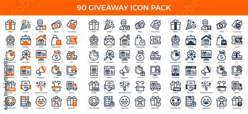 90 Giveaway Icons in 3 Styles (Line, Solid, Two-Tone), Featuring Coupon, Deadline, Discount Tag, and More – Vector Illustrations