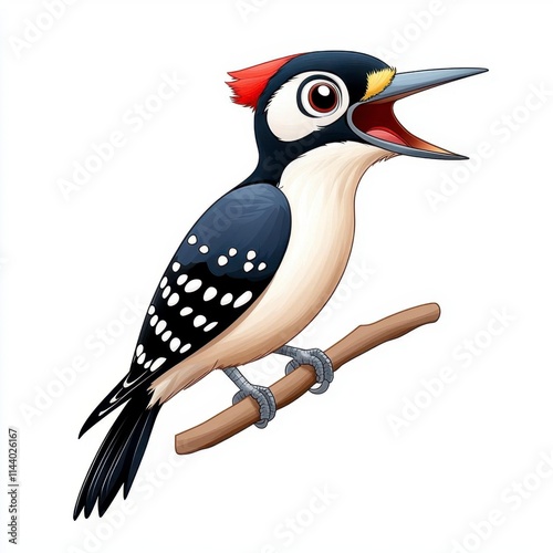 A photostock of a cartoon woodpecker perched on a tree branch, isolated on a clean white background, colorful and animated, High Quality photo