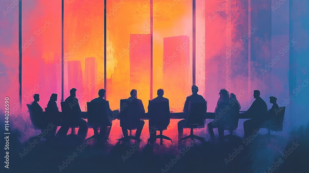 Fototapeta premium Silhouetted businesspeople gather for a meeting as vibrant colors illuminate the skyline.