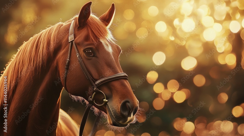 Obraz premium Chestnut horse portrait in golden sunset bokeh.