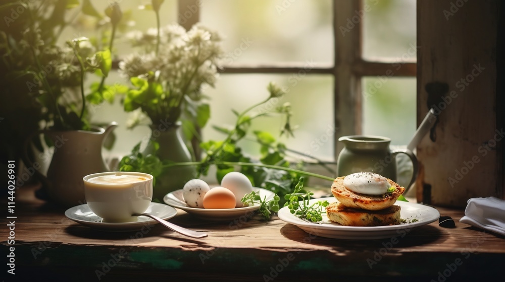 Cozy and Inviting Rustic Breakfast Setting Featuring Eggs Benedict a Steaming Coffee Cup and Soft Natural Lighting Creating a Delightful and Appetizing Scene Cozy and Inviting Rustic Breakfast Setting Featuring Eggs Benedict a Steaming Coffee Cup and Soft Natural Lighting Creating a Delightful and Appetizing Scene