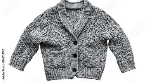 Cozy gray knitted cardigan featuring a shawl collar and pockets for cooler weather comfort at home or casual outings.