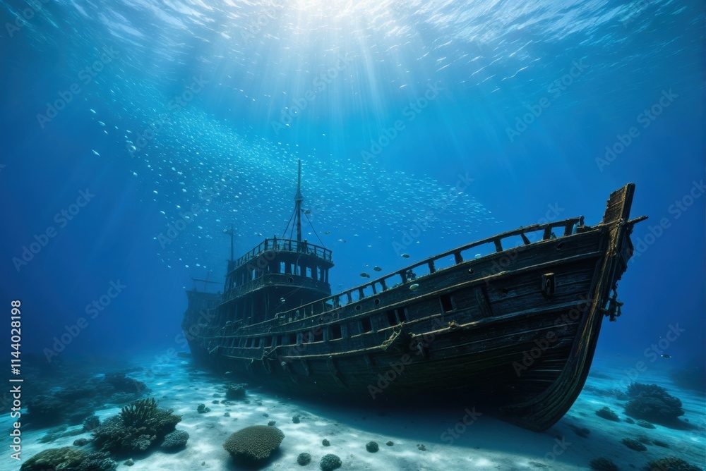 A majestic shipwreck rests on the ocean floor, bathed in a beam of sunlight, with fish swimming around.