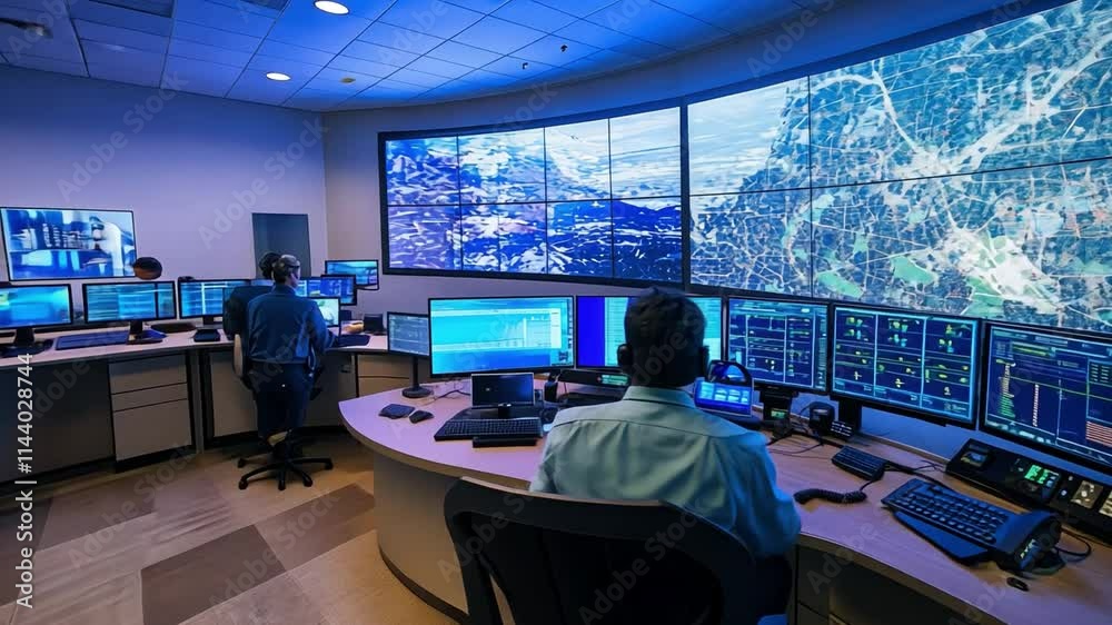 Command Center Operations: Monitoring global networks. A team of IT specialists intently focused on multiple screens in a high-tech control room.