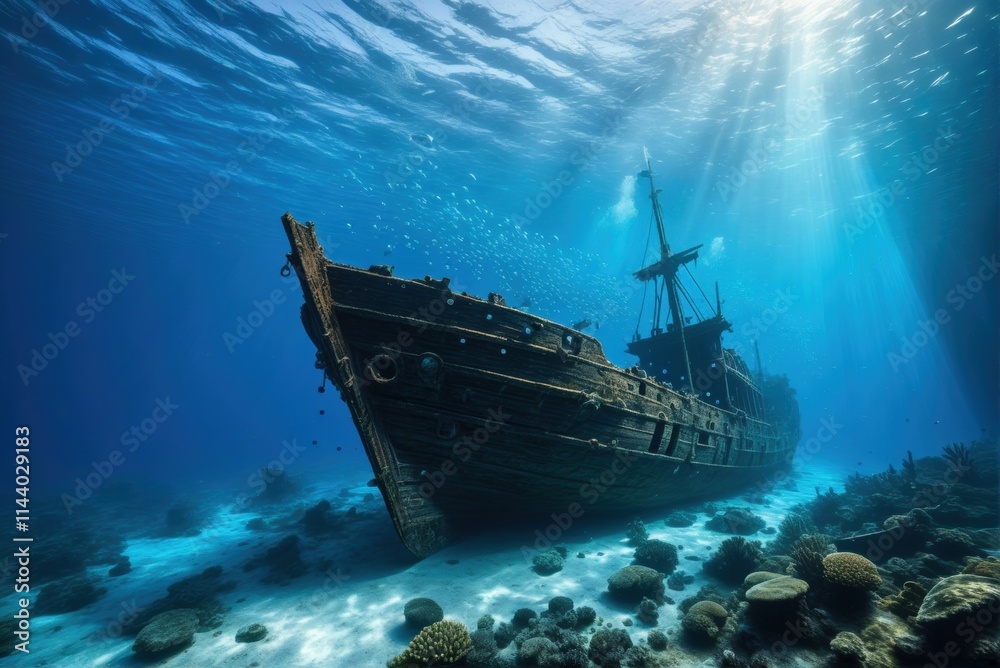 A majestic shipwreck rests on the ocean floor, bathed in a beam of sunlight, with fish swimming around.