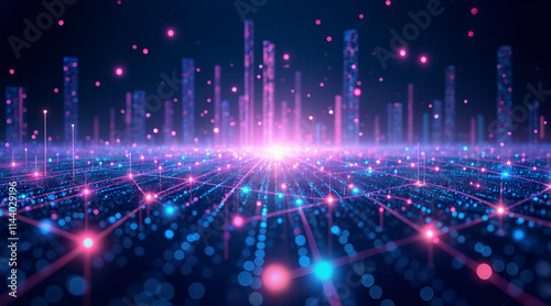 a futuristic cityscape with tall, illuminated buildings and a network of glowing lines and dots