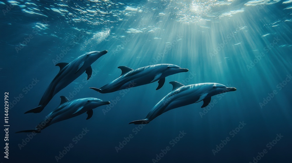 Fototapeta premium Four dolphins swimming gracefully in deep blue ocean water, sunlight beams shining from above.
