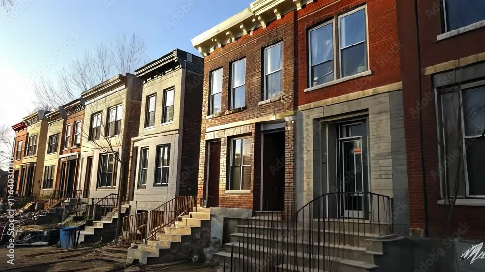 Newly Constructed Row Houses on a Sunny Day: A Glimpse into Urban Redevelopment and Architectural Design Newly Constructed Row Houses on a Sunny Day: A Glimpse into Urban Redevelopment and Architectural Design