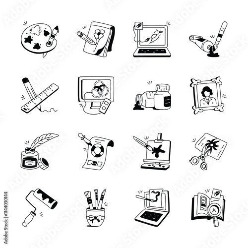 Hand drawn icons depicting various art and design tools and processes