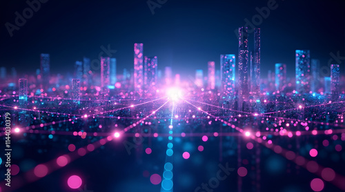 a futuristic cityscape with tall, illuminated buildings and a network of glowing lines and dots