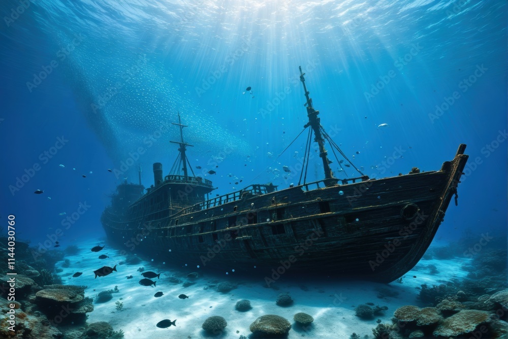 A majestic shipwreck rests on the ocean floor, bathed in a beam of sunlight, with fish swimming around. A majestic shipwreck rests on the ocean floor, bathed in a beam of sunlight, with fish swimming around.