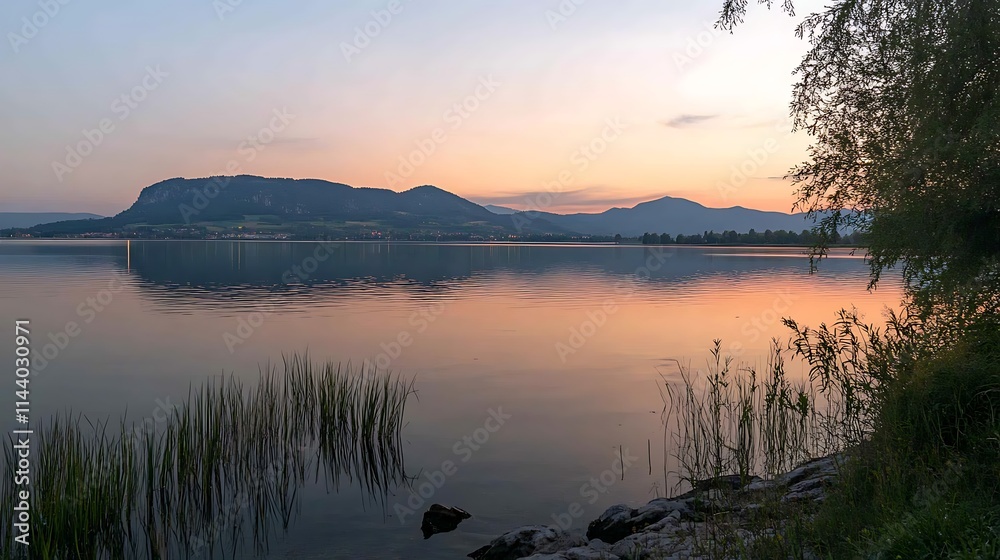 Obraz premium A scenic view of a calm mountain lake at sunset, where the warm tones of the sky are reflected in the clear water, creating a perfect harmony between nature and light 