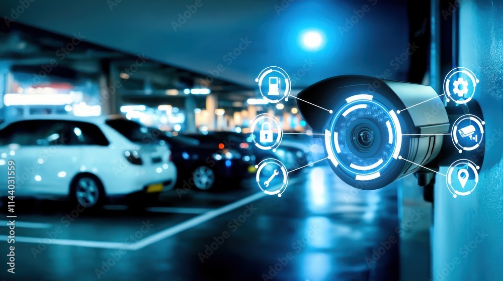 Obraz premium CCTV camera in a nighttime parking lot with security icons and cars in background, representing automated security, vehicle protection, and car cybersecurity