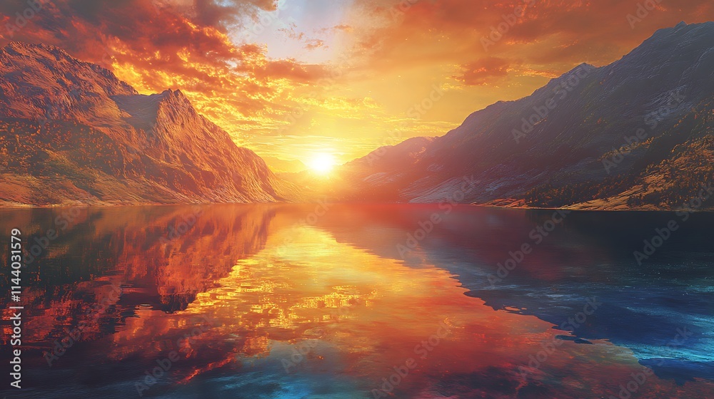 Naklejka premium A golden sunset over a remote mountain lake, where the colors of the sky blend with the lake’s glass-like surface, creating a mirror image of the surrounding landscape 