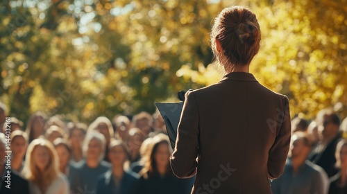 A confident woman stands addressing a diverse crowd outdoors, surrounded by vibrant autumn foliage.