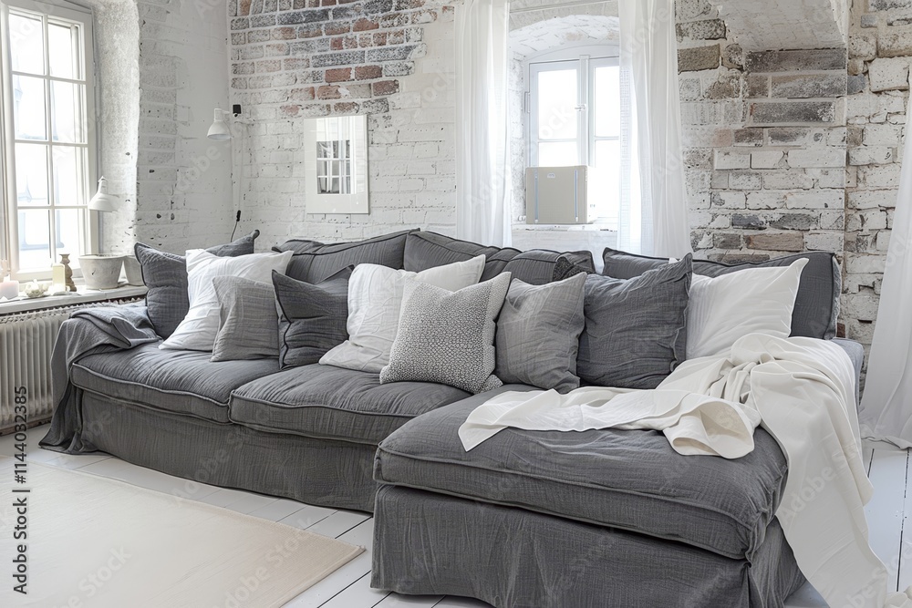 Obraz premium Modern white living room featuring a stylish dark grey sofa for contemporary elegance