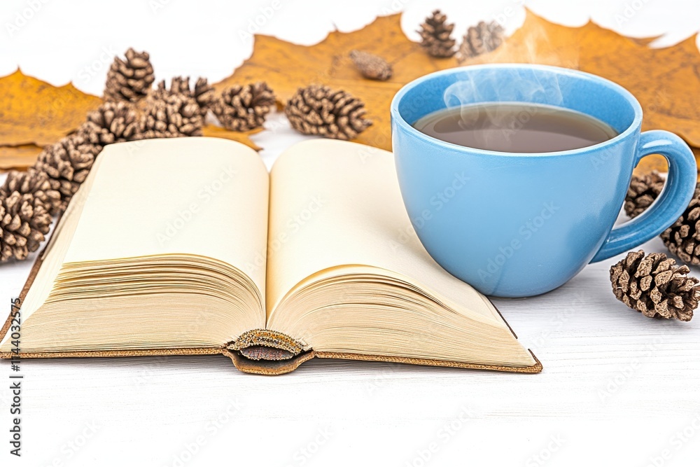 Open book and steaming cup of tea surrounded by autumn leaves and pine cones on a white background. Open book and steaming cup of tea surrounded by autumn leaves and pine cones on a white background.
