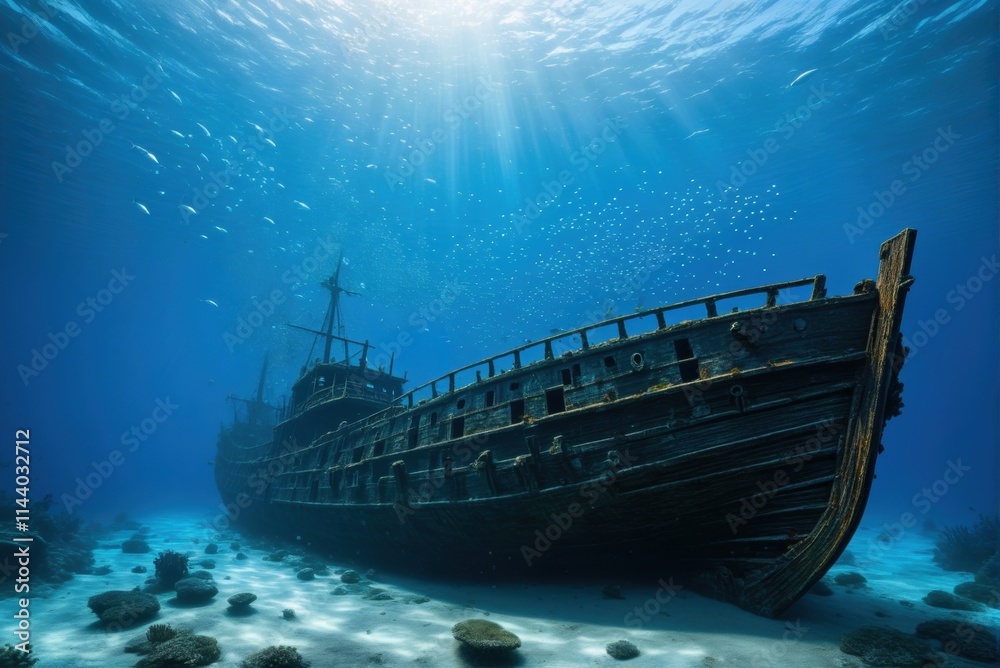 A majestic shipwreck rests on the ocean floor, bathed in a beam of sunlight, with fish swimming around. A majestic shipwreck rests on the ocean floor, bathed in a beam of sunlight, with fish swimming around.