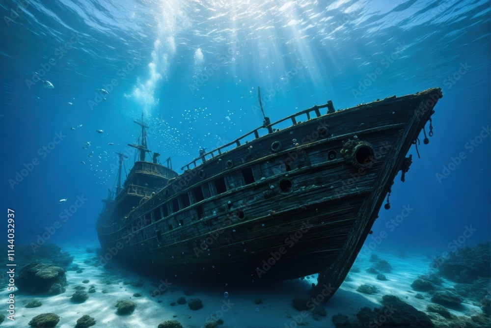 A majestic shipwreck rests on the ocean floor, bathed in a beam of sunlight, with fish swimming around. A majestic shipwreck rests on the ocean floor, bathed in a beam of sunlight, with fish swimming around.