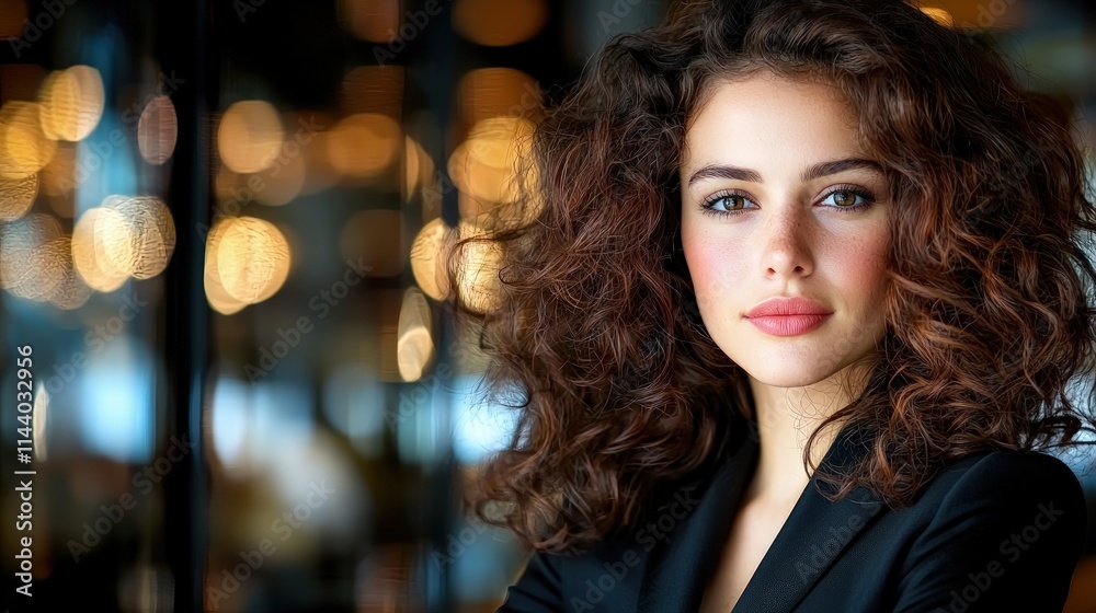 Portrait of a young woman with curly brown hair and soft makeup, looking directly at the camera. Portrait of a young woman with curly brown hair and soft makeup, looking directly at the camera.