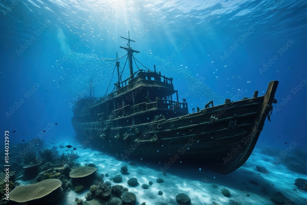 A majestic shipwreck rests on the ocean floor, bathed in a beam of sunlight, with fish swimming around. A majestic shipwreck rests on the ocean floor, bathed in a beam of sunlight, with fish swimming around.