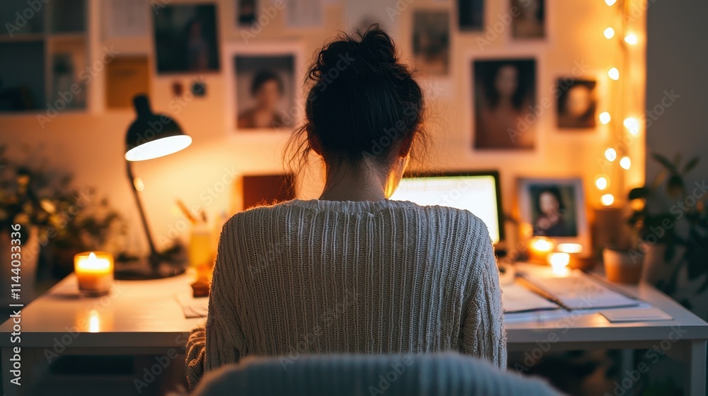 Personal Goals. Person working at a desk in low light with warm ambiance and cozy decor. Personal Goals. Person working at a desk in low light with warm ambiance and cozy decor.